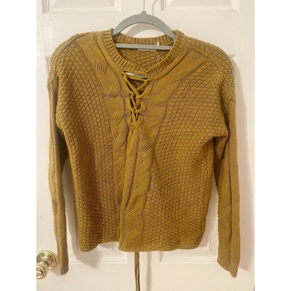 Ohmg Womens Mustard Long Sleeves Front Tie Knit Sweater Size XSMALL